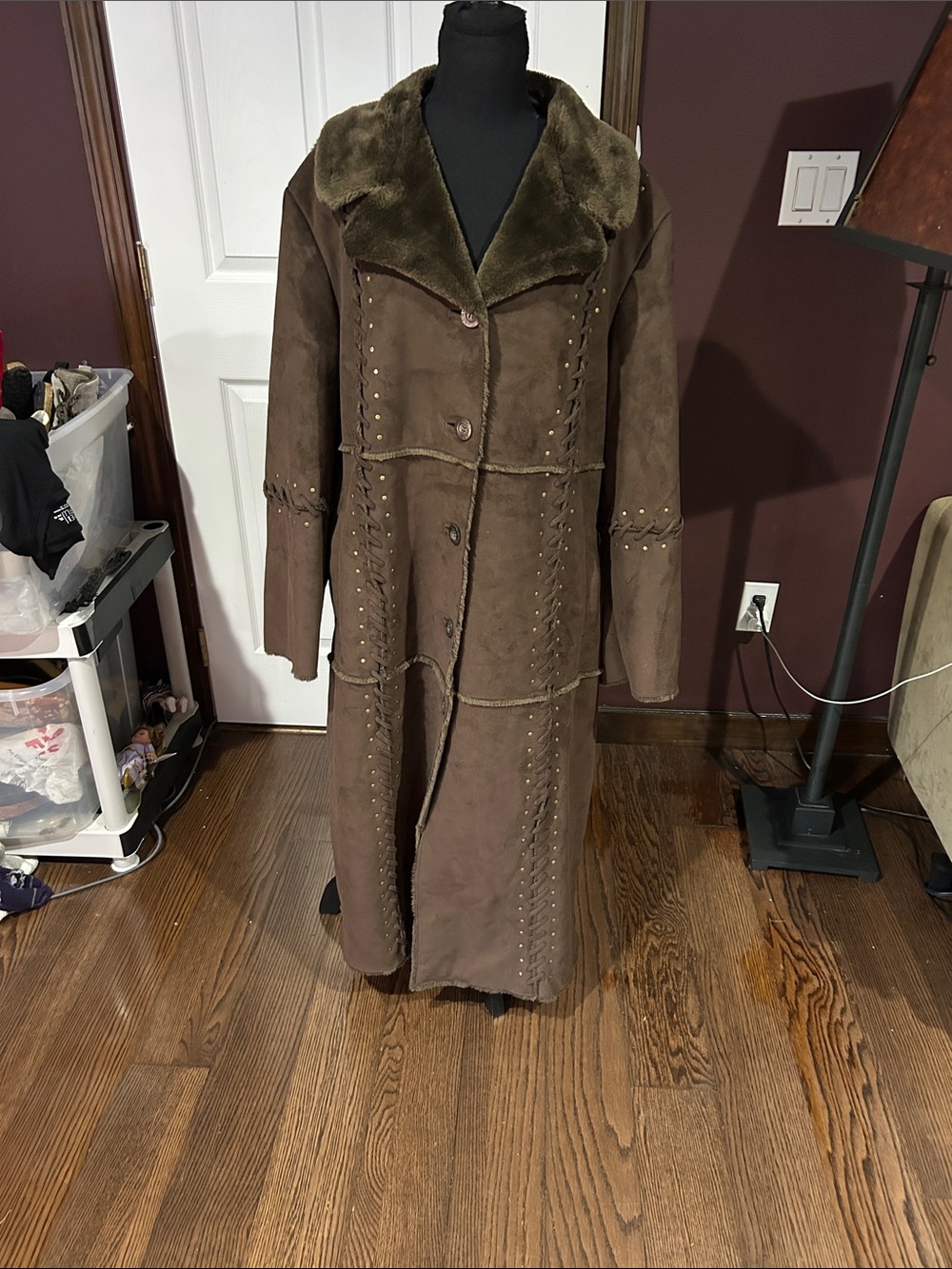 Vtg dennis basso Brown Faux-Suede Long Shearling long Ranch studded jacket 1x